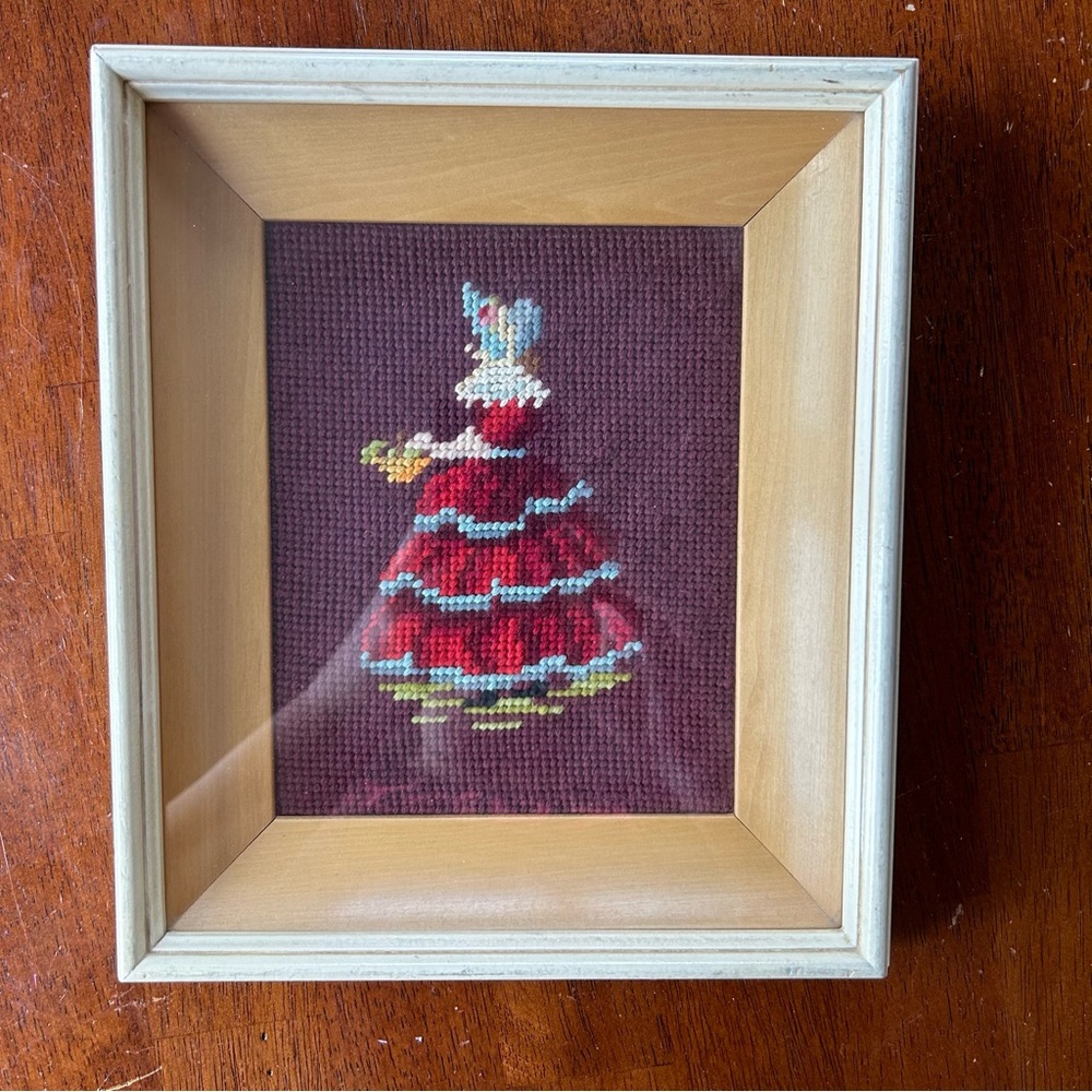 Vintage Framed Needlepoint Embroidery “Crinoline Lady”